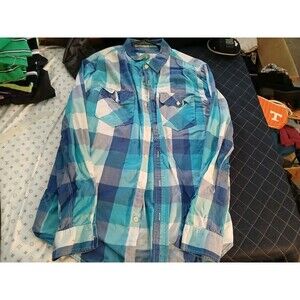 Warp and Weft Shirt Men Small Teal Blue Plaid Long Sleeve Button Up Outdoors XL
